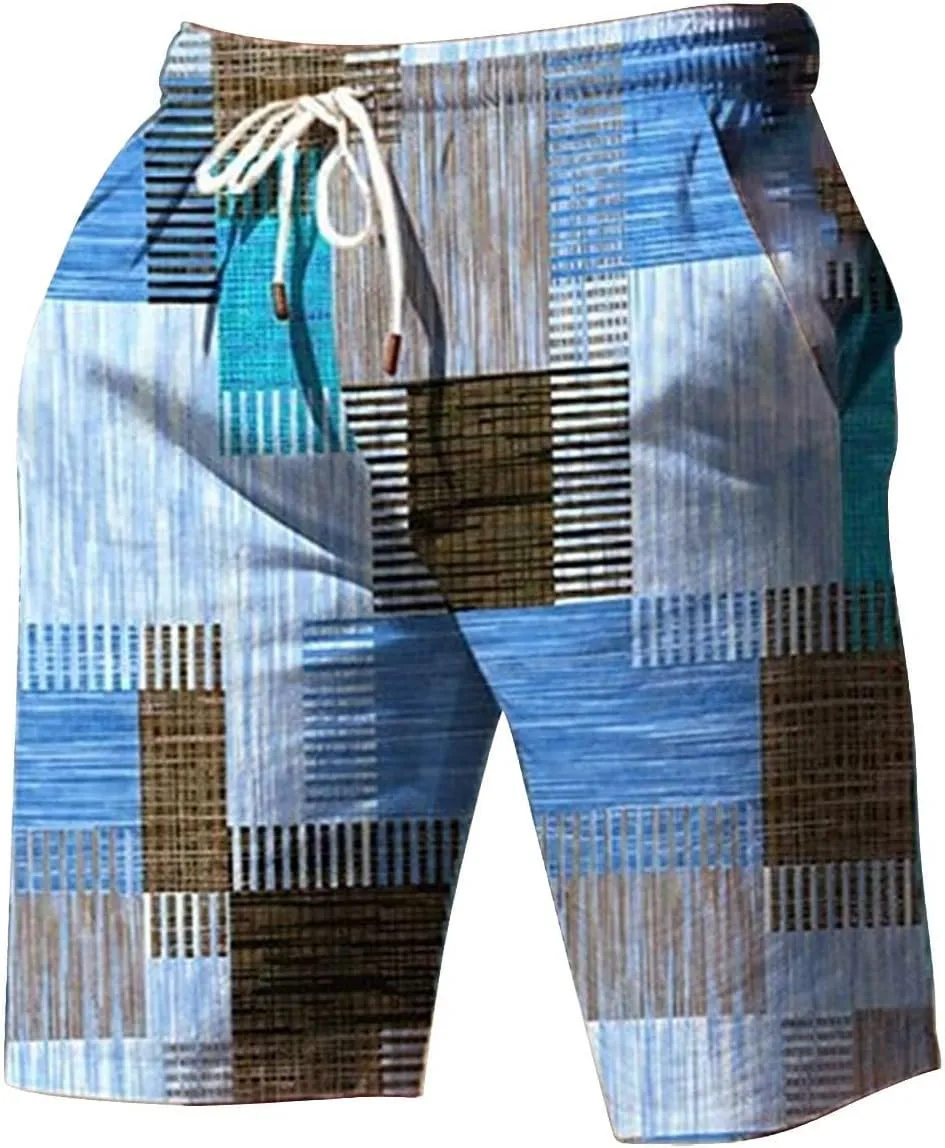 Mens Summer Plaid Printed Beach Shorts Loose Fit Straight Leg Casual Shorts Elastic Waist Drawstring Stylish Board Shorts