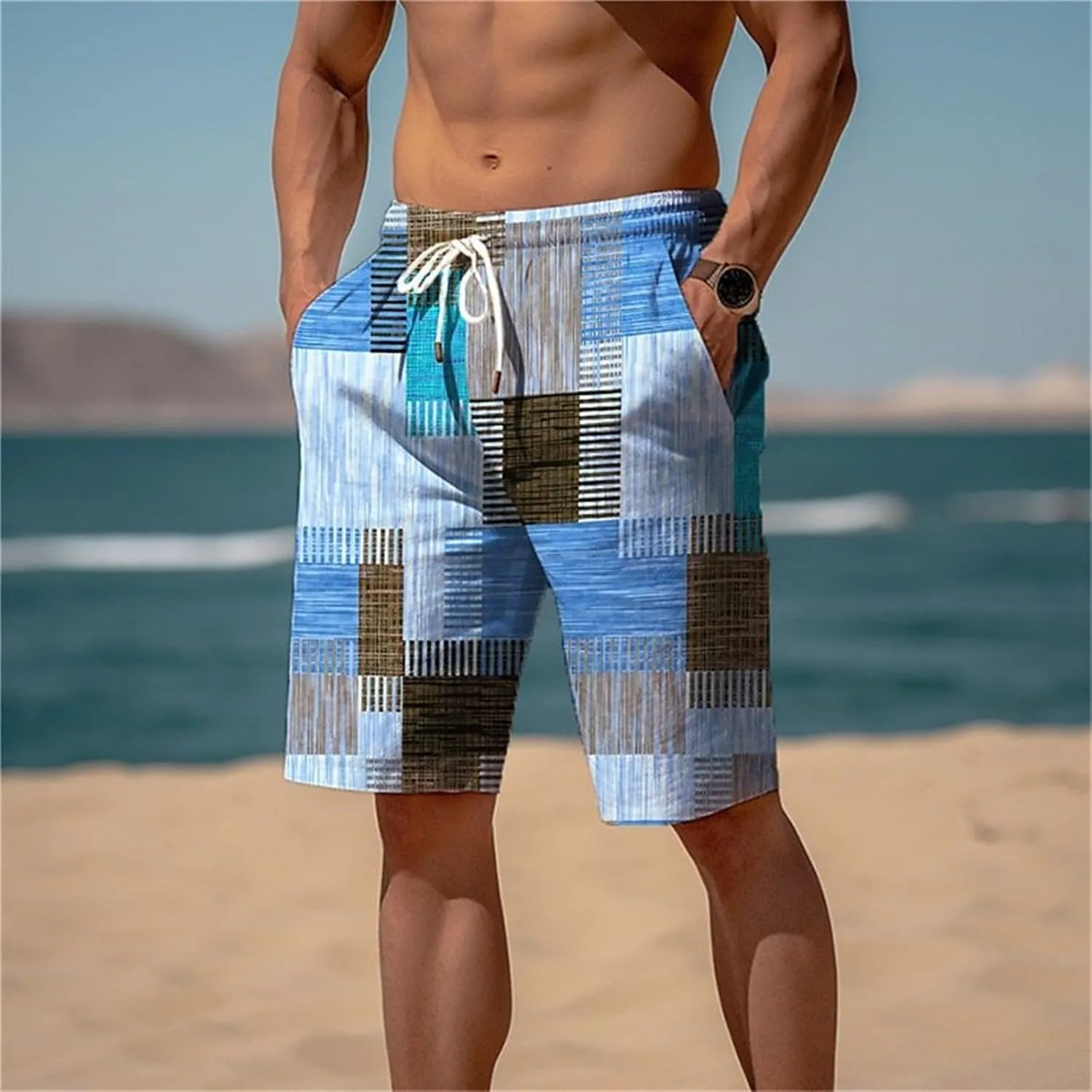 Mens Summer Plaid Printed Beach Shorts Loose Fit Straight Leg Casual Shorts Elastic Waist Drawstring Stylish Board Shorts