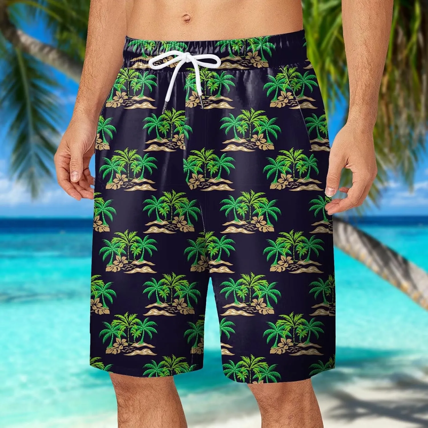 Mens Summer Print Beach Shorts Casual Elastic Waist Drawstring Fashion Beach Shorts Loose Fit Bermuda Shorts with Pockets
