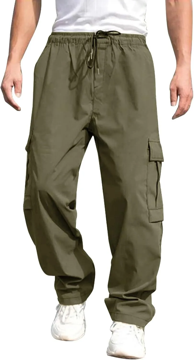 Mens Sweatpants with Pockets Big and Tall Long Pants Trousers Men's Cargo Sweatpants Adjustable Bungee Cord Open Bottom