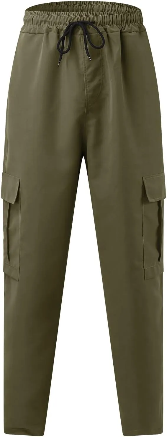Mens Sweatpants with Pockets Big and Tall Long Pants Trousers Men's Cargo Sweatpants Adjustable Bungee Cord Open Bottom
