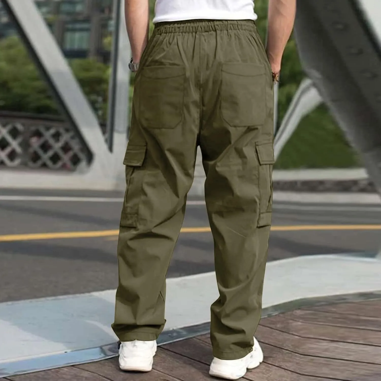 Mens Sweatpants with Pockets Big and Tall Long Pants Trousers Men's Cargo Sweatpants Adjustable Bungee Cord Open Bottom