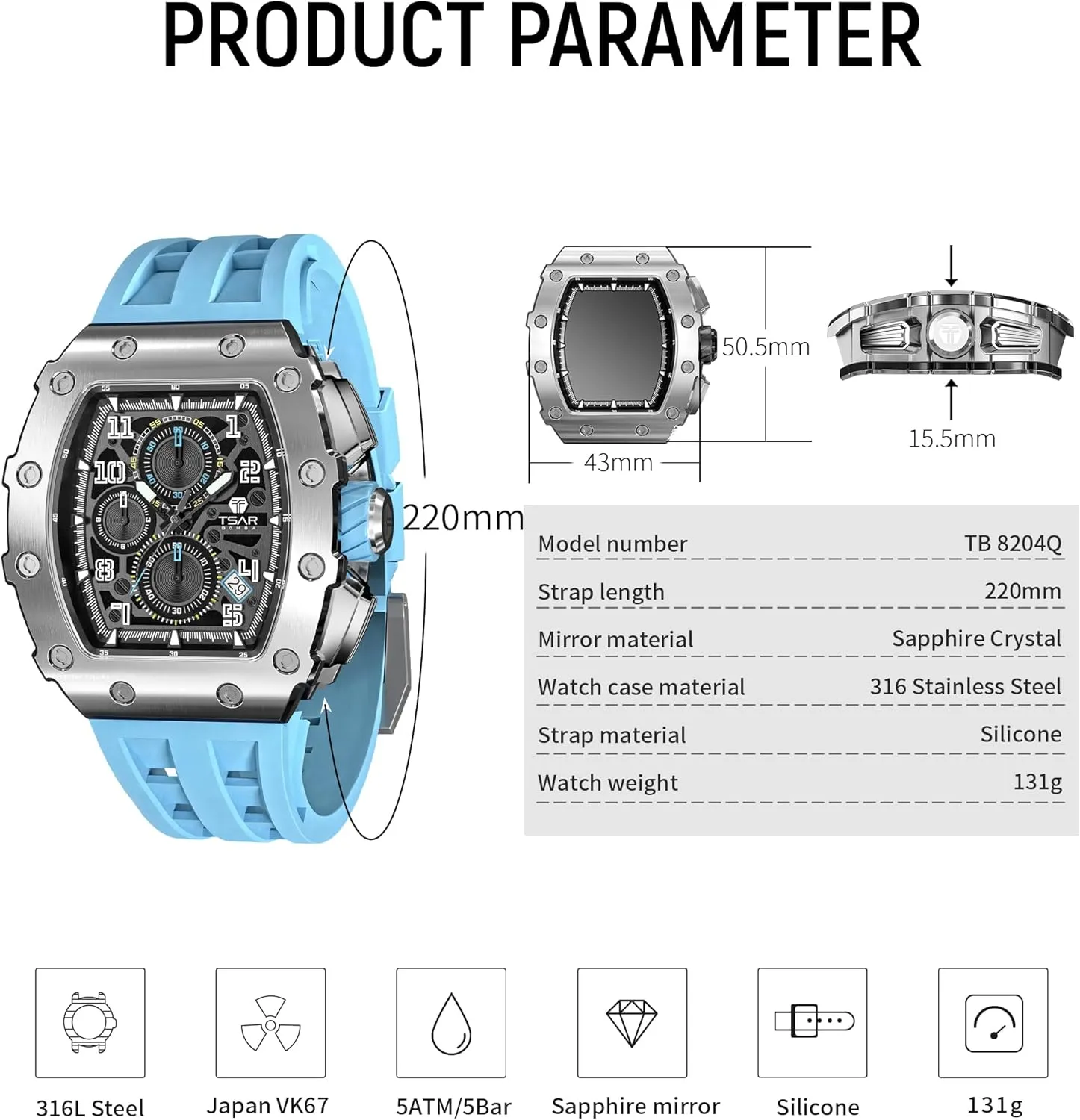 Mens Watches Luxury Tonneau Watches for Men Waterproof 50M Analog Replica Watch Chronograph Calendar Date Mens Dress Business Work Watch Diver Large Square Face Wristwatch