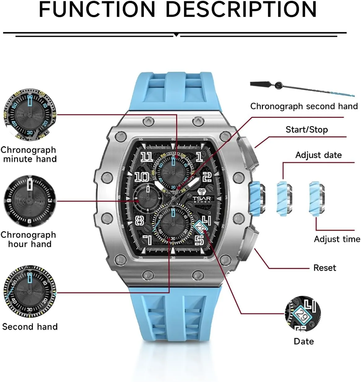 Mens Watches Luxury Tonneau Watches for Men Waterproof 50M Analog Replica Watch Chronograph Calendar Date Mens Dress Business Work Watch Diver Large Square Face Wristwatch