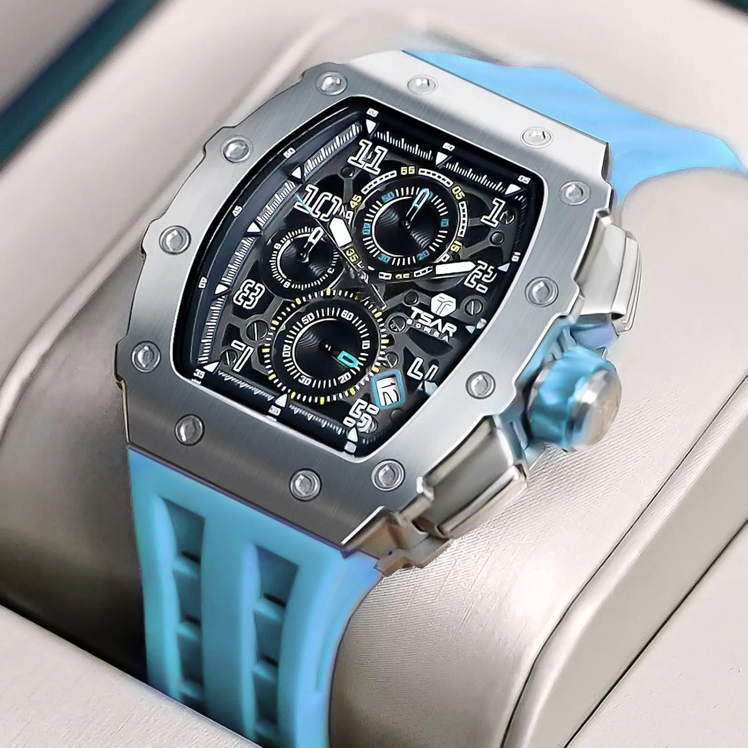 Mens Watches Luxury Tonneau Watches for Men Waterproof 50M Analog Replica Watch Chronograph Calendar Date Mens Dress Business Work Watch Diver Large Square Face Wristwatch