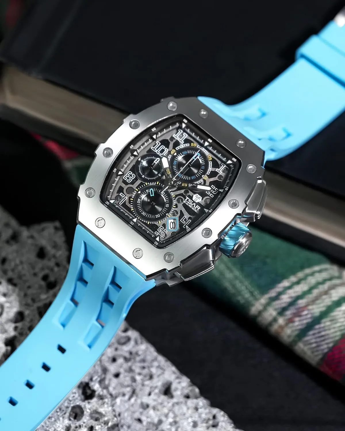 Mens Watches Luxury Tonneau Watches for Men Waterproof 50M Analog Replica Watch Chronograph Calendar Date Mens Dress Business Work Watch Diver Large Square Face Wristwatch