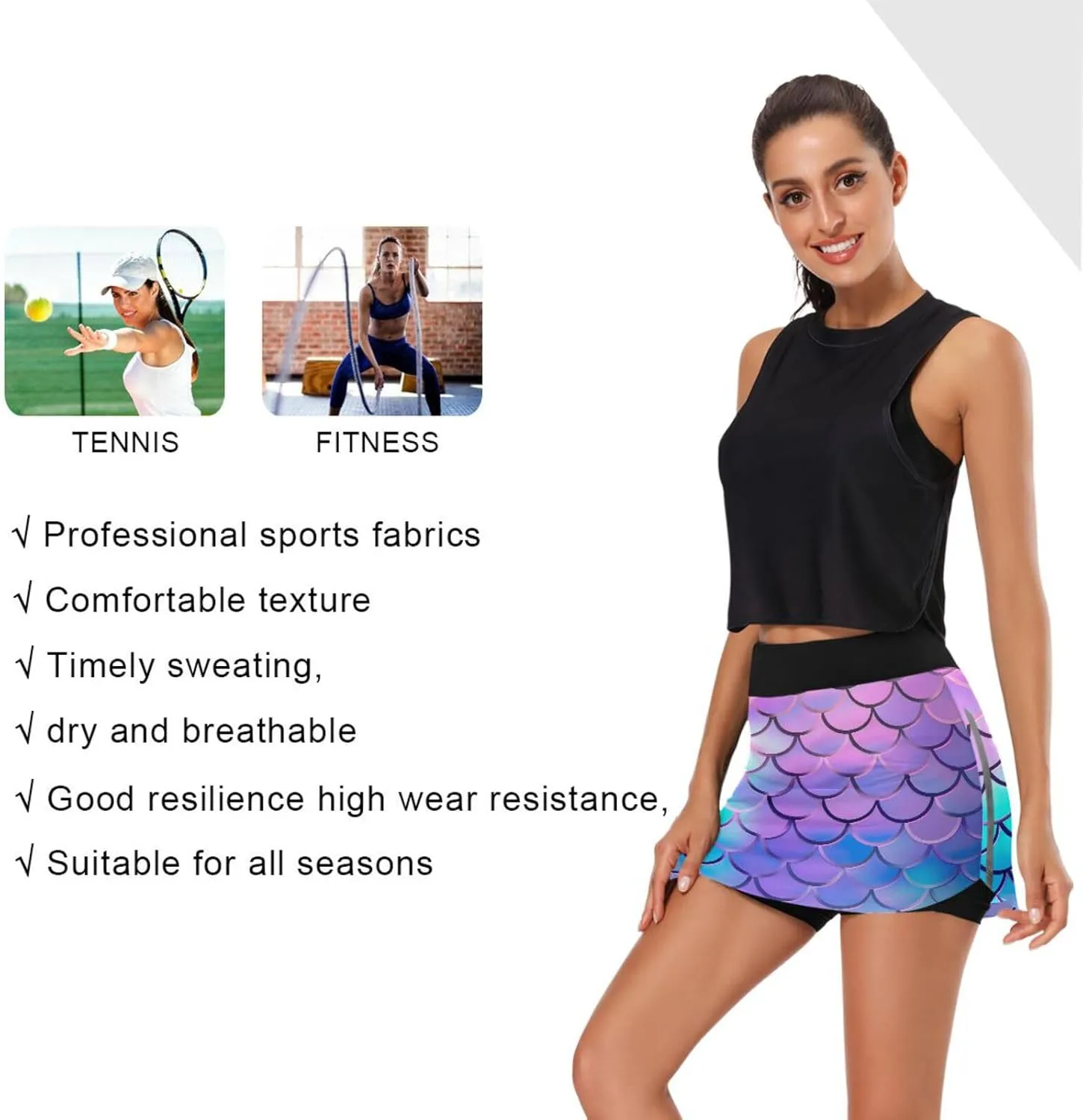 Mermaid Scale Women's Tennis Skirt with Pocket High Waisted Golf Athletic Activewear Skorts