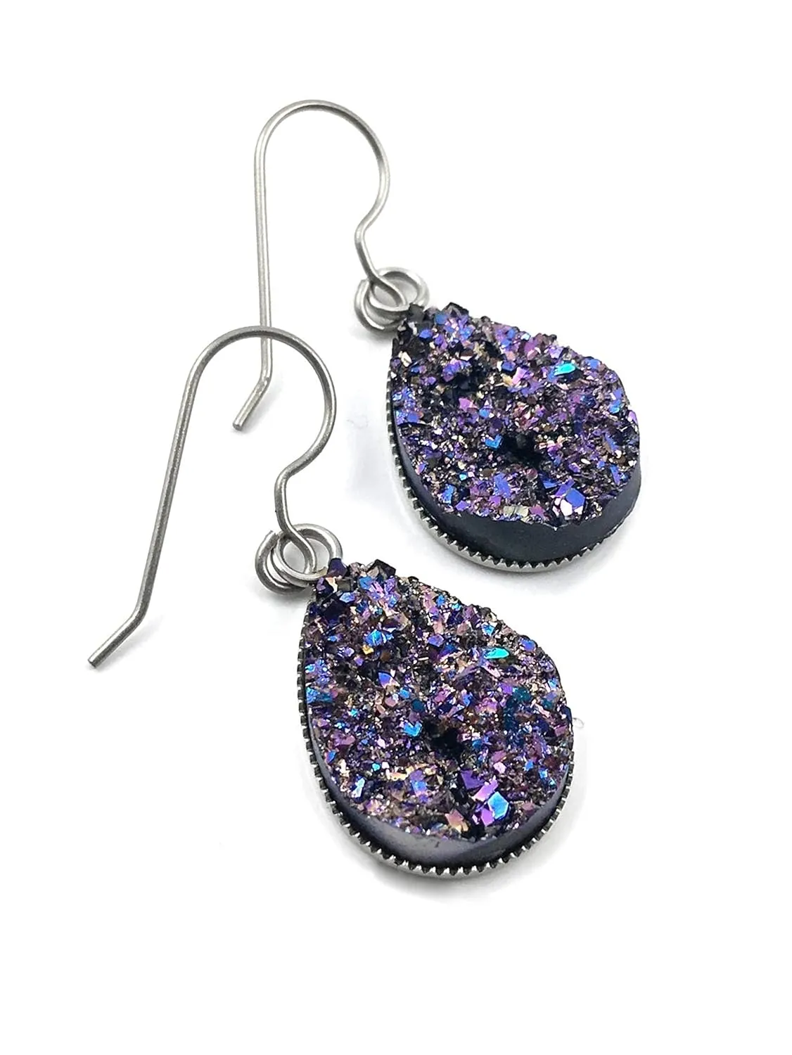 Metallic Purple Rainbow Faux Druzy Teardrop Earrings - 13x18mm Tear Drop Titanium and Surgical Stainless Steel, Nickel Free for Sensitive Ears