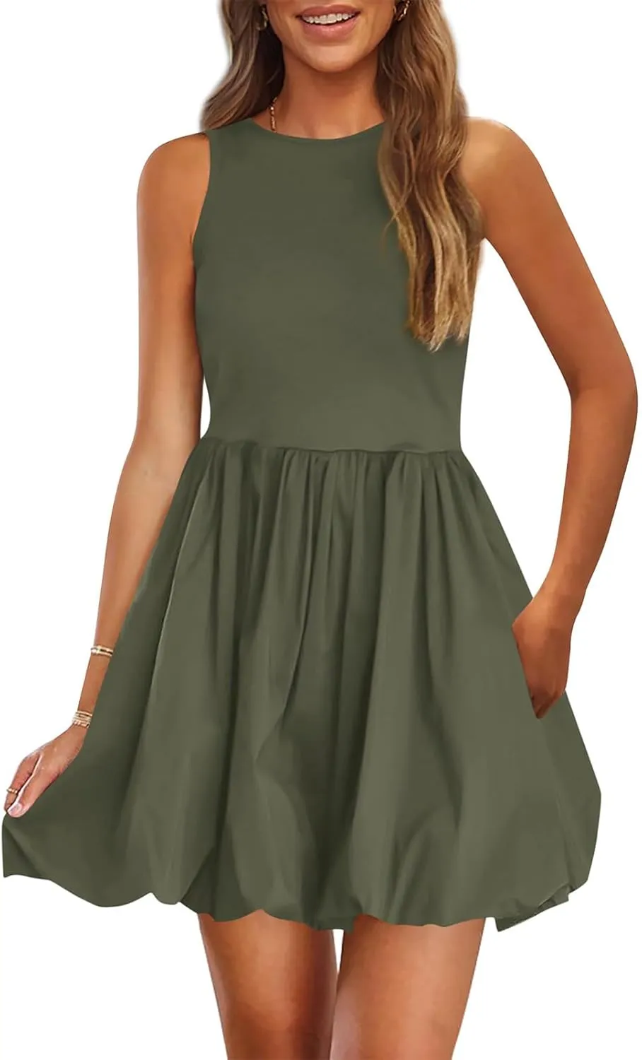 Mini Dress for Women Bubble Sundress Sleeveless Ruffle Hem Dresses High Waist Solid Color Tank Mini Dresses 2025