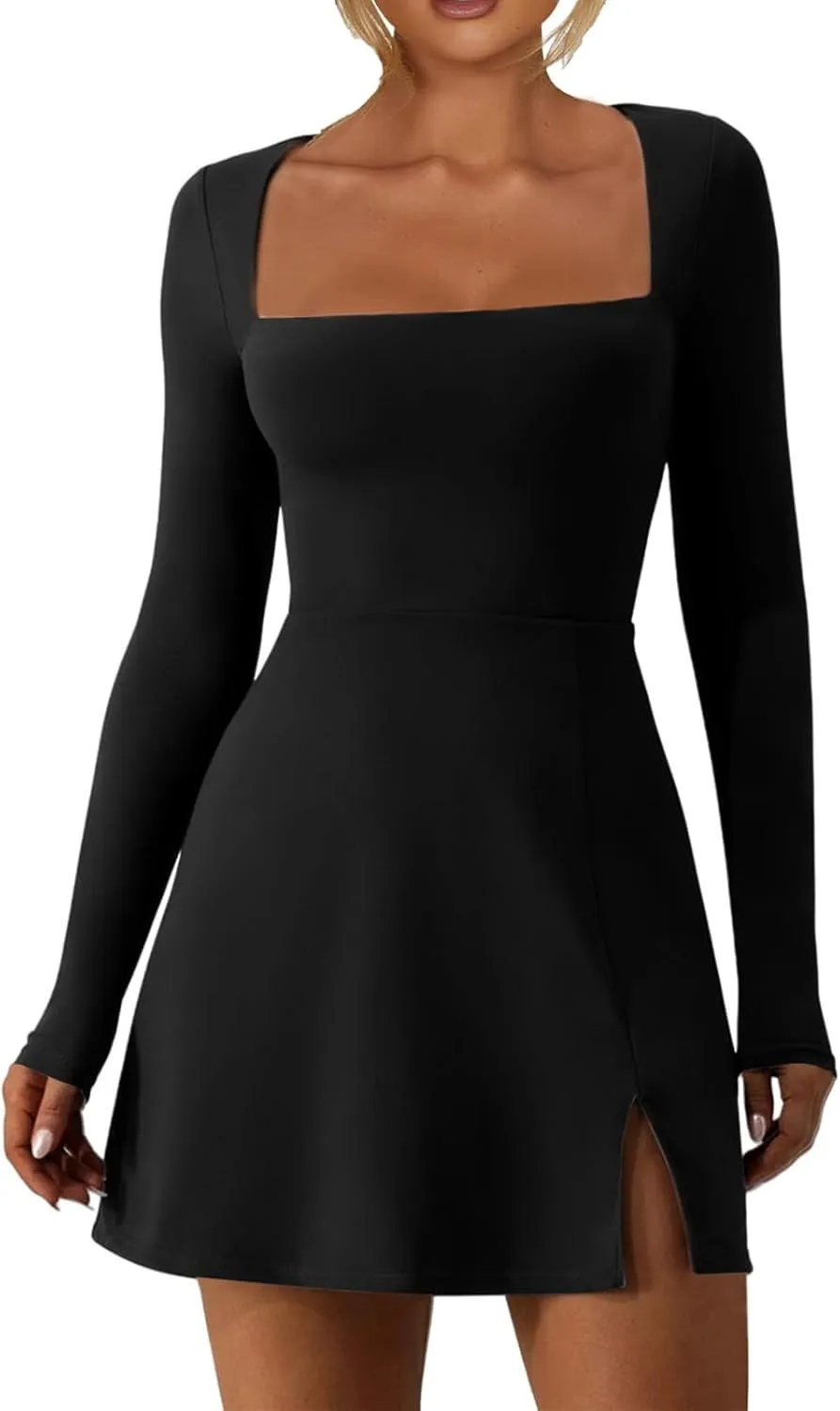 Mini Dresses for Women Square Neck Ruffle Hem Long Sleeve Dress Trendy Solid Color Tie Waisted Club Party Dress