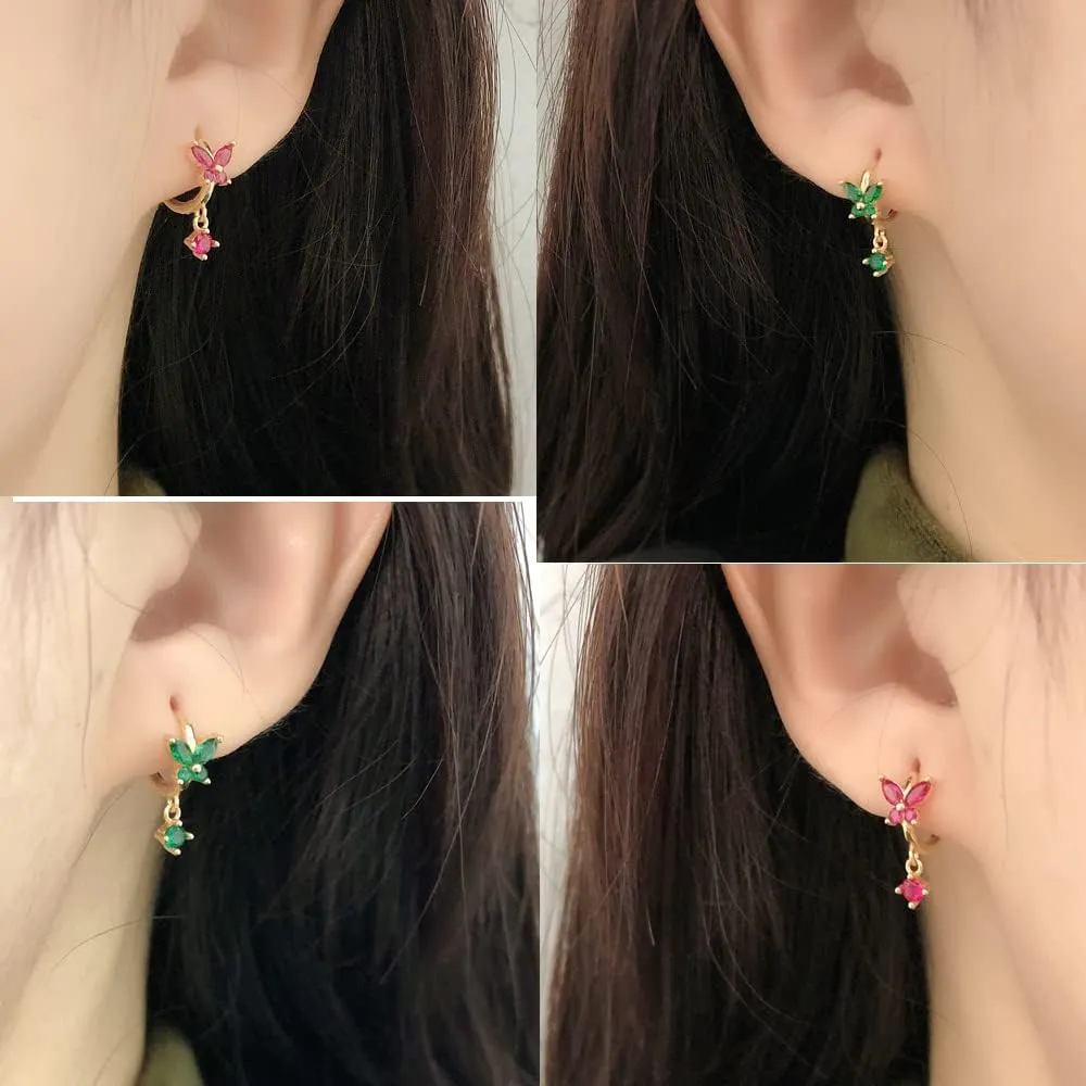 Mini Huggie Hoop Earrings With Dangle Charm 925 Sterling Silver Gold Tiny Small Cz Cubic Zirconia Butterfly Flower Dangling Hoop Earrings