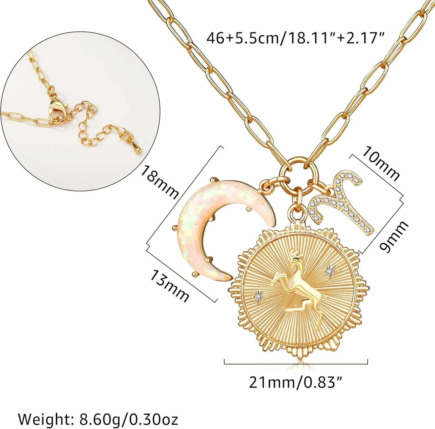 MISS RIGHT Gold Zodiac Sign Coin Necklace with Opal Crescent Moon Charm for Women Trendy, Dainty Gold Paperclip Chain 12 Constellation Horoscope Necklaces Astrology Jewelry Gifts