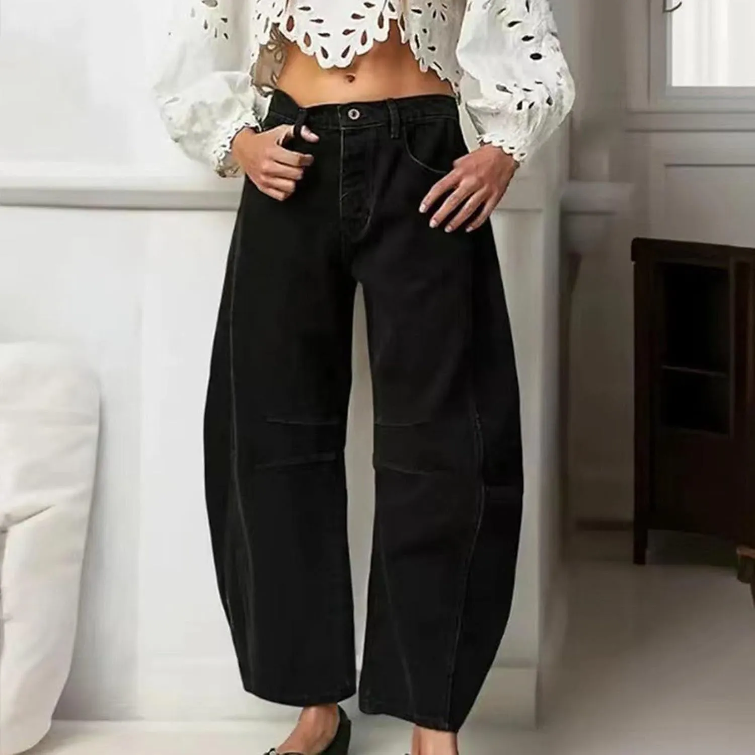 Miyaomn Vintage Barrel Jeans for Women High Waisted Wide Leg Baggy Cropped Harem Pants Y2k Boyfriend Stretch Denim Trousers