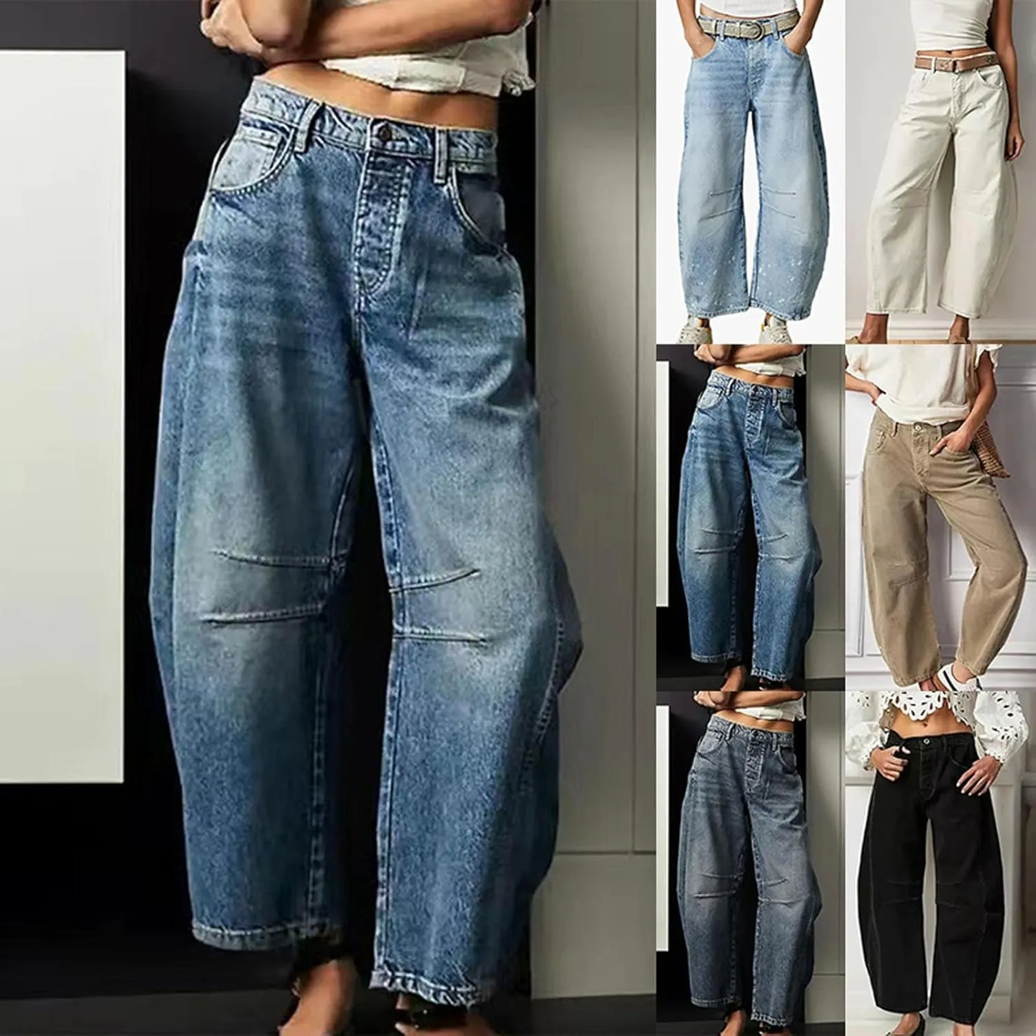 Miyaomn Vintage Barrel Jeans for Women High Waisted Wide Leg Baggy Cropped Harem Pants Y2k Boyfriend Stretch Denim Trousers