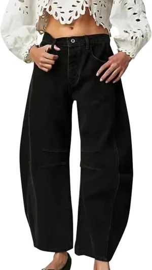 Miyaomn Vintage Barrel Jeans for Women High Waisted Wide Leg Baggy Cropped Harem Pants Y2k Boyfriend Stretch Denim Trousers