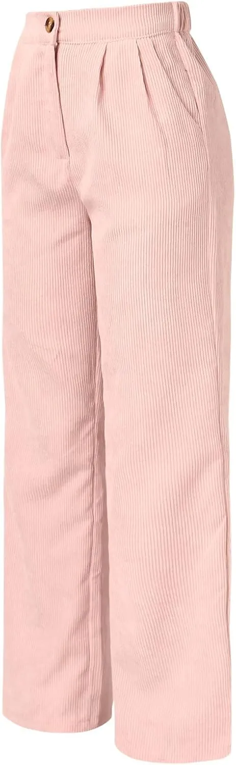 Miyaomn Women Trendy Fall Corduroy Pants Solid Color Loose High Waist Straight Wide Leg Trousers Casual Trousers with Pockets