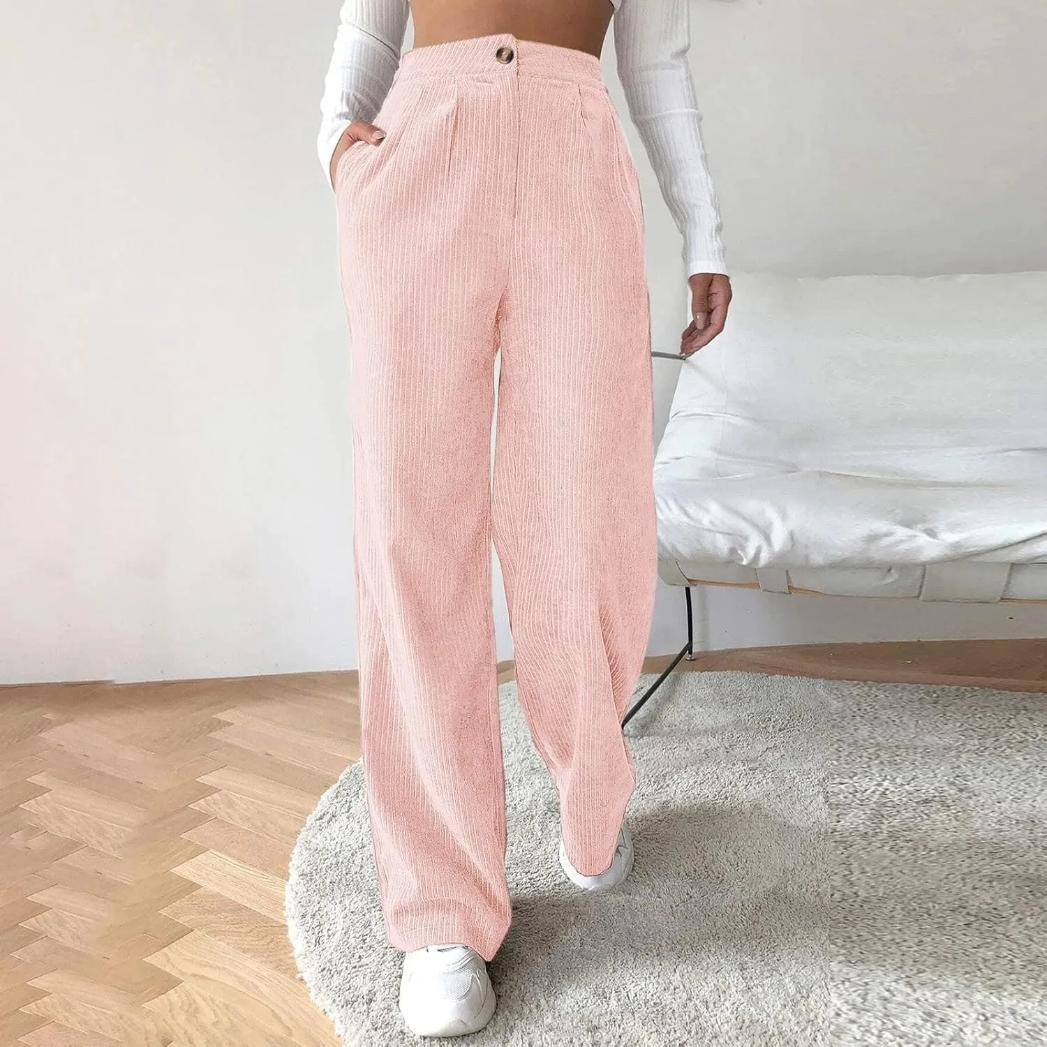 Miyaomn Women Trendy Fall Corduroy Pants Solid Color Loose High Waist Straight Wide Leg Trousers Casual Trousers with Pockets