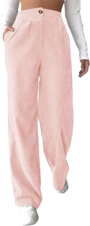 Miyaomn Women Trendy Fall Corduroy Pants Solid Color Loose High Waist Straight Wide Leg Trousers Casual Trousers with Pockets
