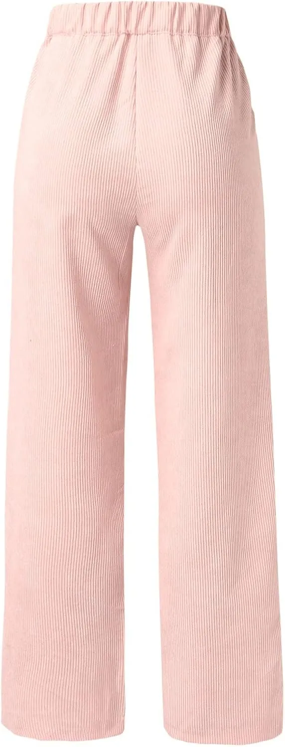 Miyaomn Women Trendy Fall Corduroy Pants Solid Color Loose High Waist Straight Wide Leg Trousers Casual Trousers with Pockets