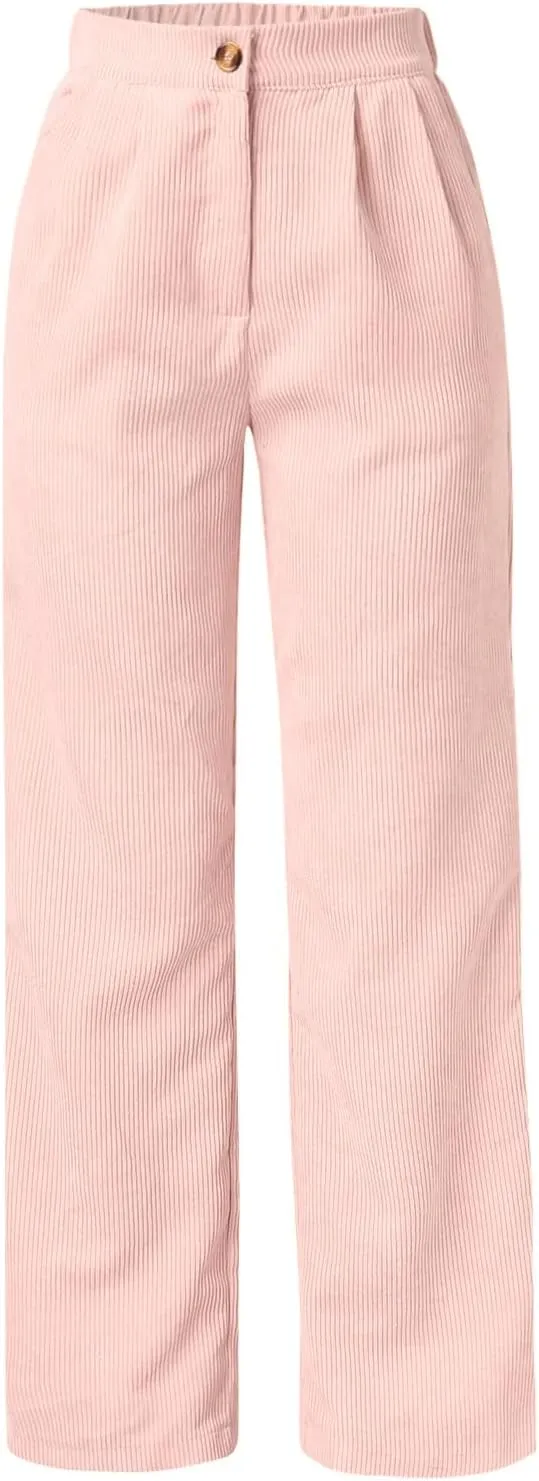 Miyaomn Women Trendy Fall Corduroy Pants Solid Color Loose High Waist Straight Wide Leg Trousers Casual Trousers with Pockets