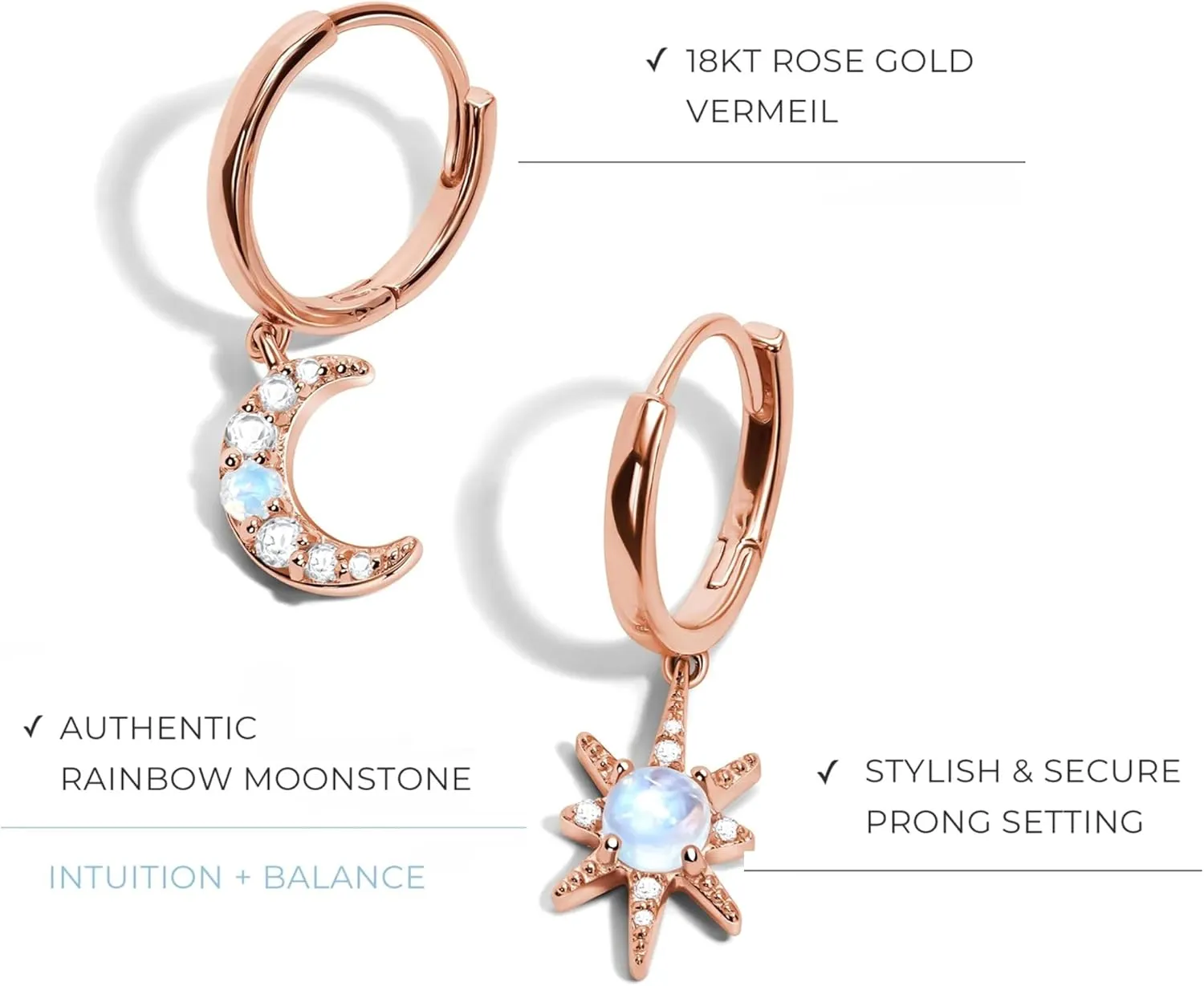 Moon Magic - Authentic Sterling Silver Moonstone Earrings - 18k Rose & Yellow Gold - Real Moonstone Jewelry