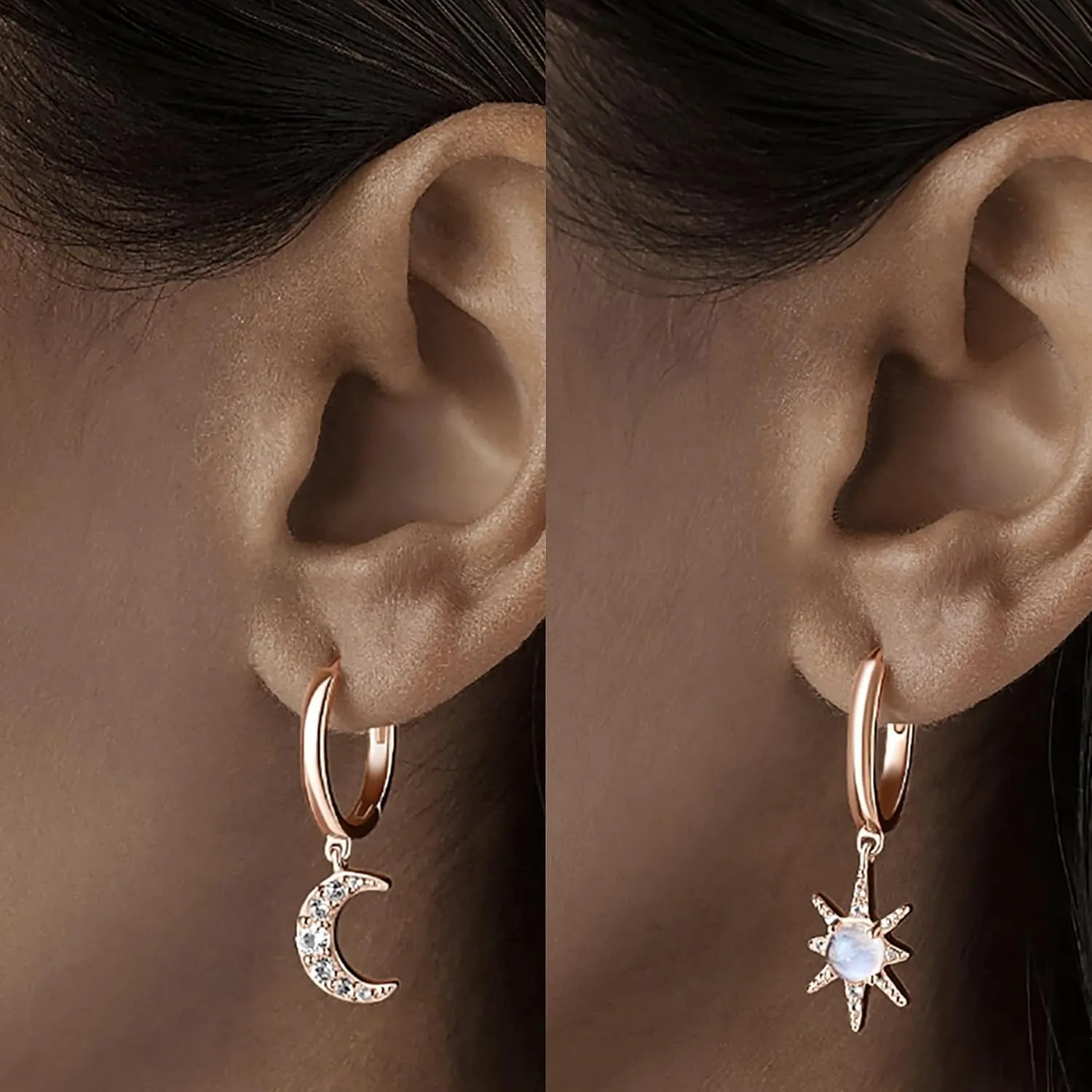 Moon Magic - Authentic Sterling Silver Moonstone Earrings - 18k Rose & Yellow Gold - Real Moonstone Jewelry