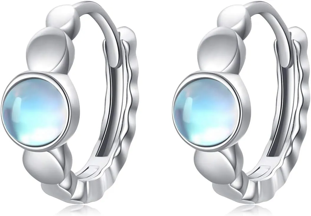Moonstone Earrings 925 Sterling Silver 10mm Moonstone Hoop Earrings Minimalist Hypoallergenic Silver Huggie Earrings for Sensitive Ears Moonstone Jewelry Gift for Women