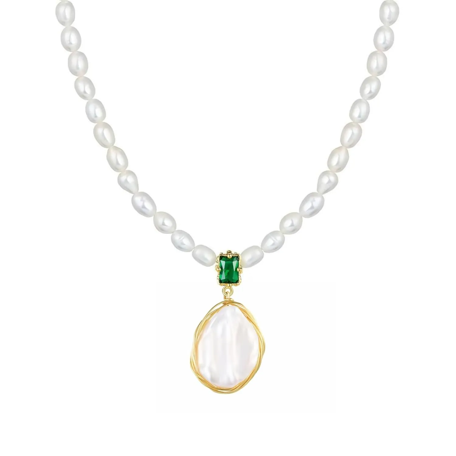 Natural Baroque Freshwater Pearl Dangle Necklace for Women, Wire Wrap Gold Pearl Choker Jewelry Chain with Green Gemstone, Best Gift for Mom Lover Her (14K Gold Plated)