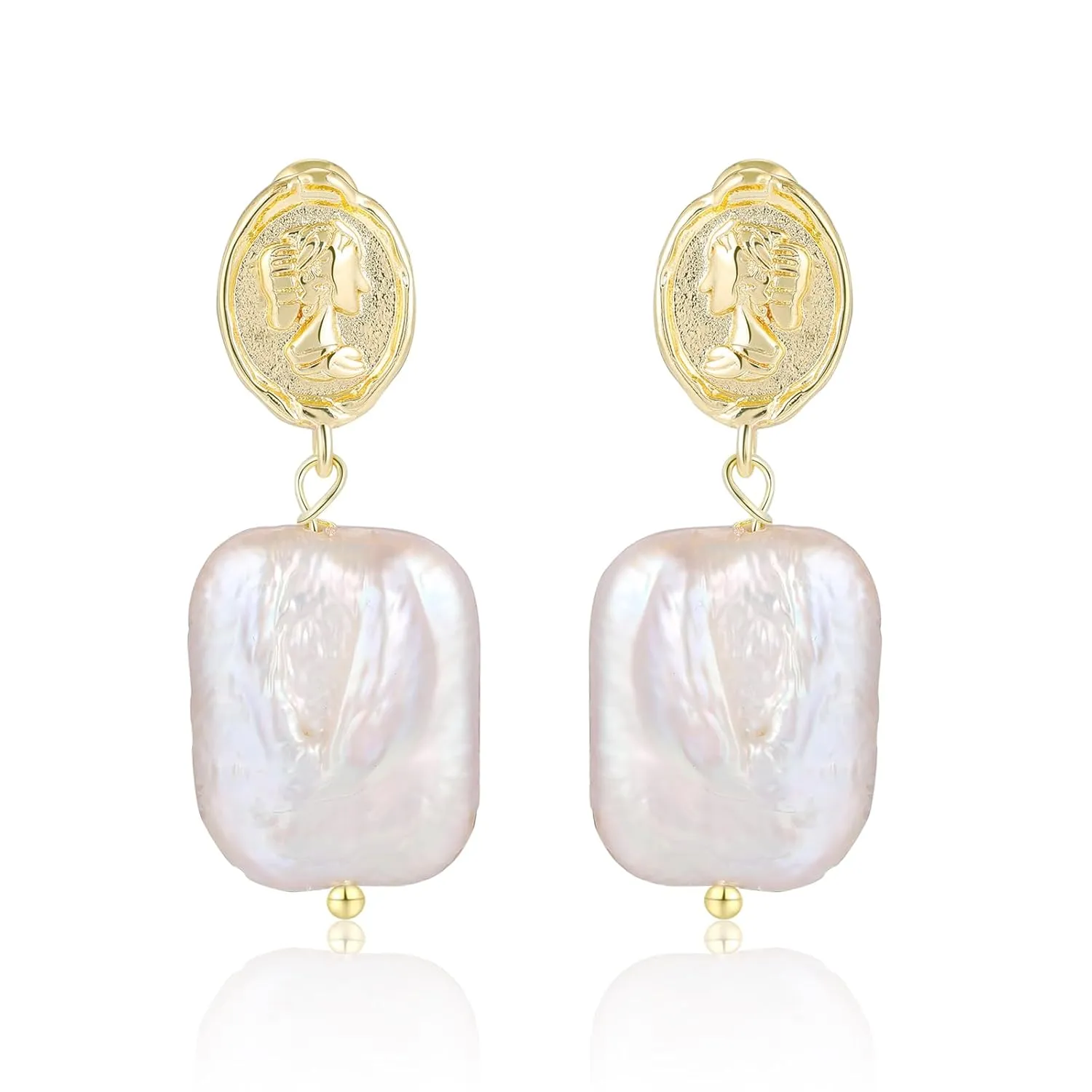 Natural Freshwater Pearl Stud Earrings for Women, Dainty Rectangle Baroque Pearl Ear Jewelry Studs, Minimalist Gold Pearl Earrings for Mom Lover Her (925 Sterling Silver with Gold Plated)