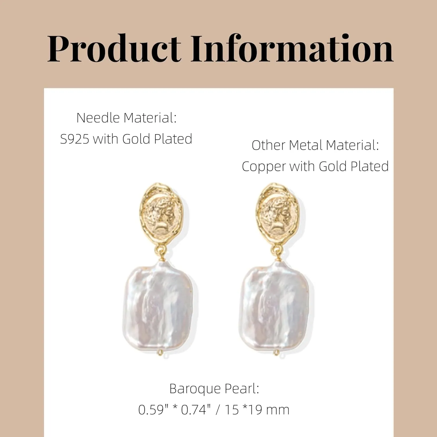 Natural Freshwater Pearl Stud Earrings for Women, Dainty Rectangle Baroque Pearl Ear Jewelry Studs, Minimalist Gold Pearl Earrings for Mom Lover Her (925 Sterling Silver with Gold Plated)