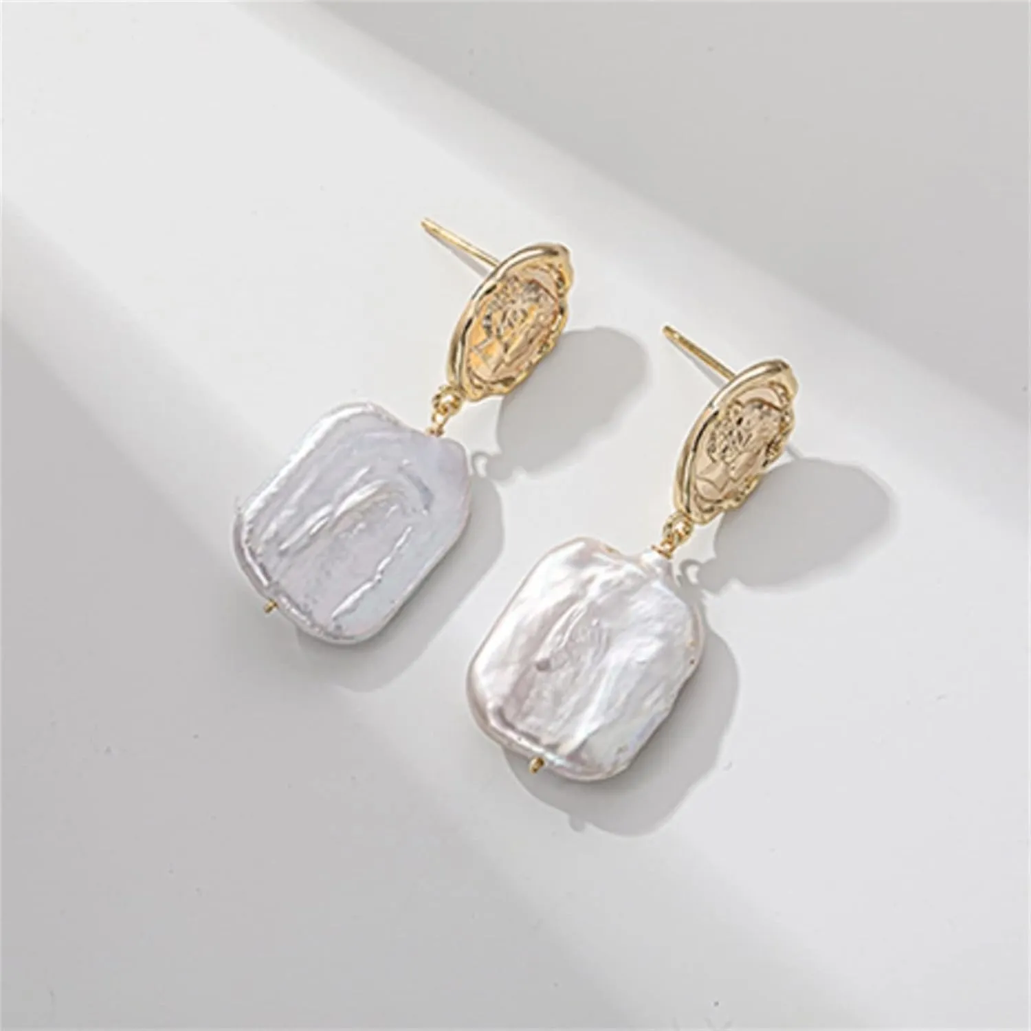 Natural Freshwater Pearl Stud Earrings for Women, Dainty Rectangle Baroque Pearl Ear Jewelry Studs, Minimalist Gold Pearl Earrings for Mom Lover Her (925 Sterling Silver with Gold Plated)