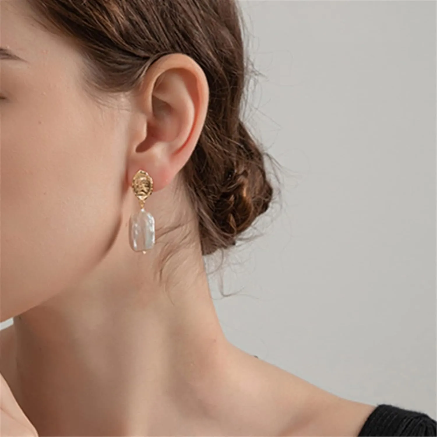 Natural Freshwater Pearl Stud Earrings for Women, Dainty Rectangle Baroque Pearl Ear Jewelry Studs, Minimalist Gold Pearl Earrings for Mom Lover Her (925 Sterling Silver with Gold Plated)