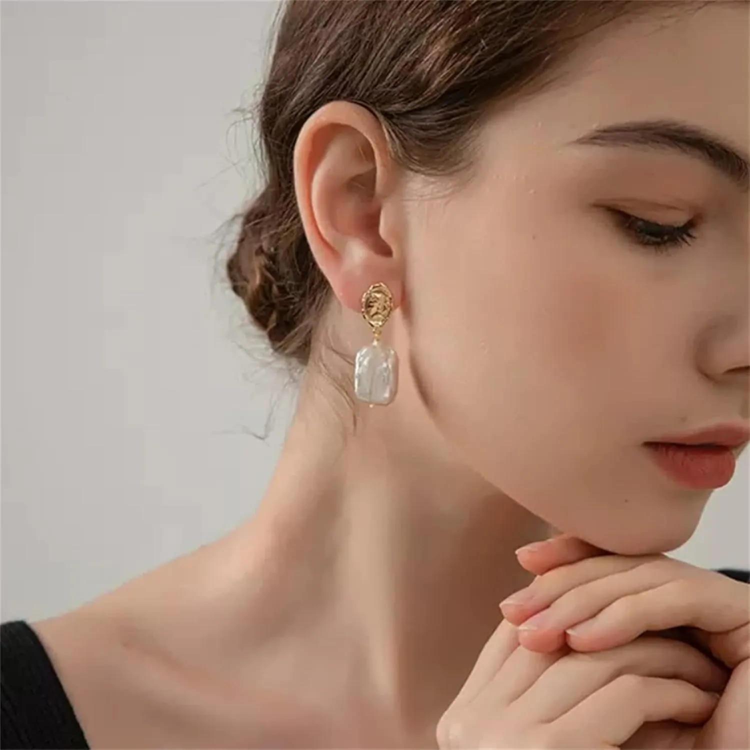Natural Freshwater Pearl Stud Earrings for Women, Dainty Rectangle Baroque Pearl Ear Jewelry Studs, Minimalist Gold Pearl Earrings for Mom Lover Her (925 Sterling Silver with Gold Plated)