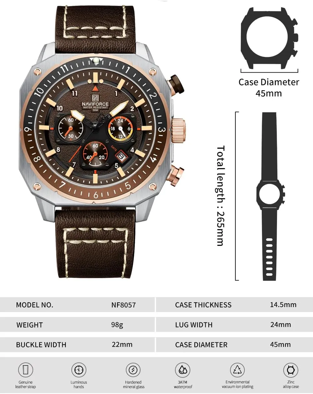 NAVIFORCE Men's Fashion Sport Watches Military Square Big Face Waterproof Chronograph Wristwatch with Luminous Hands,Leather Strap