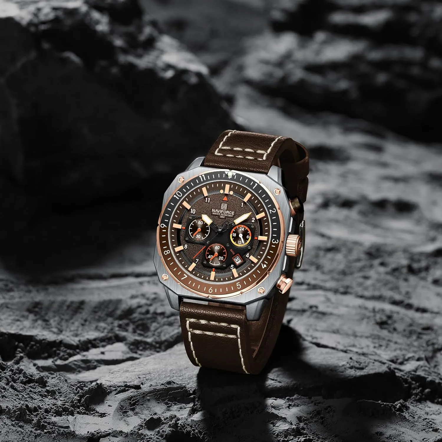 NAVIFORCE Men's Fashion Sport Watches Military Square Big Face Waterproof Chronograph Wristwatch with Luminous Hands,Leather Strap