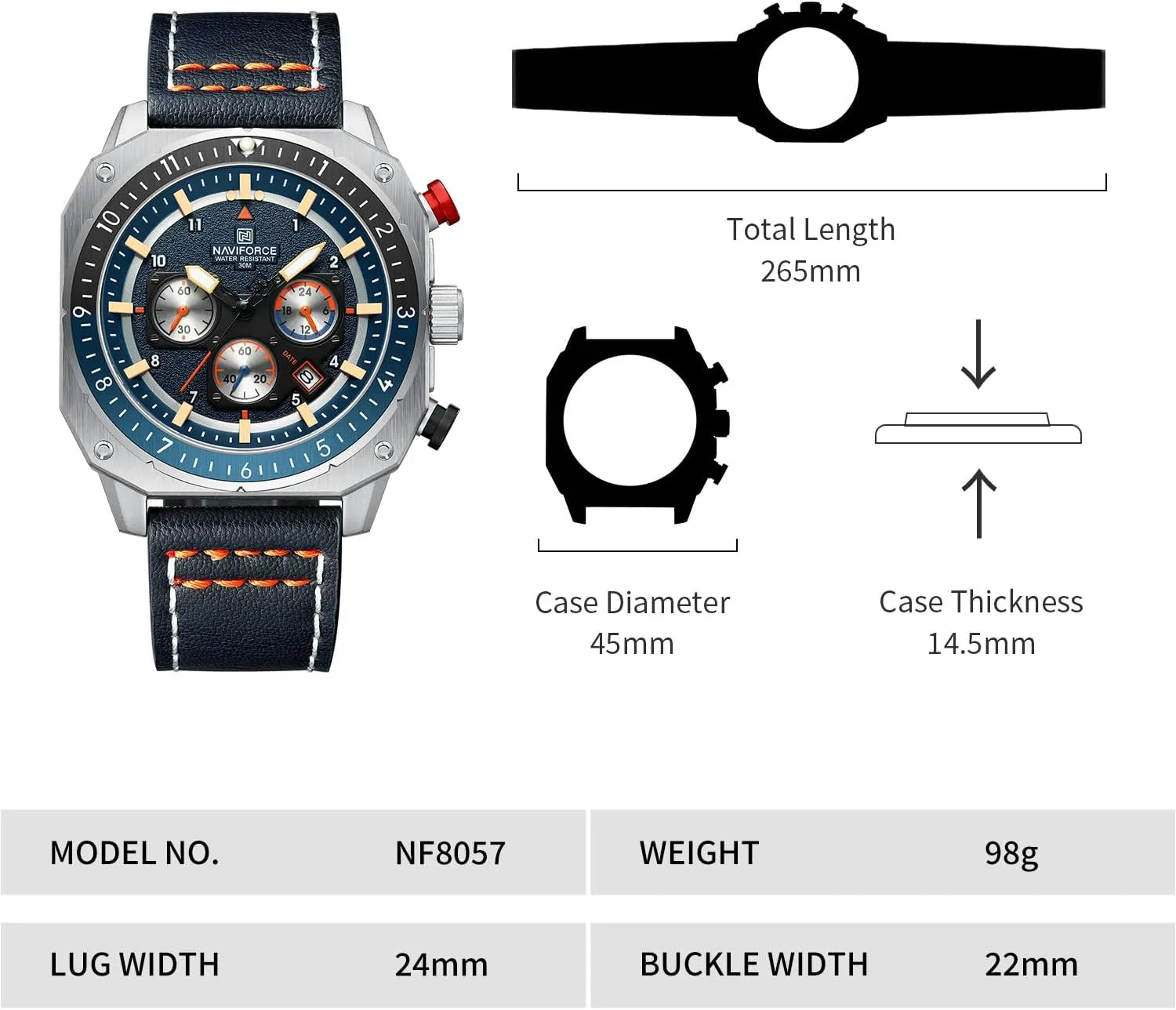 NAVIFORCE Men's Fashion Sport Watches Military Square Big Face Waterproof Chronograph Wristwatch with Luminous Hands,Leather Strap