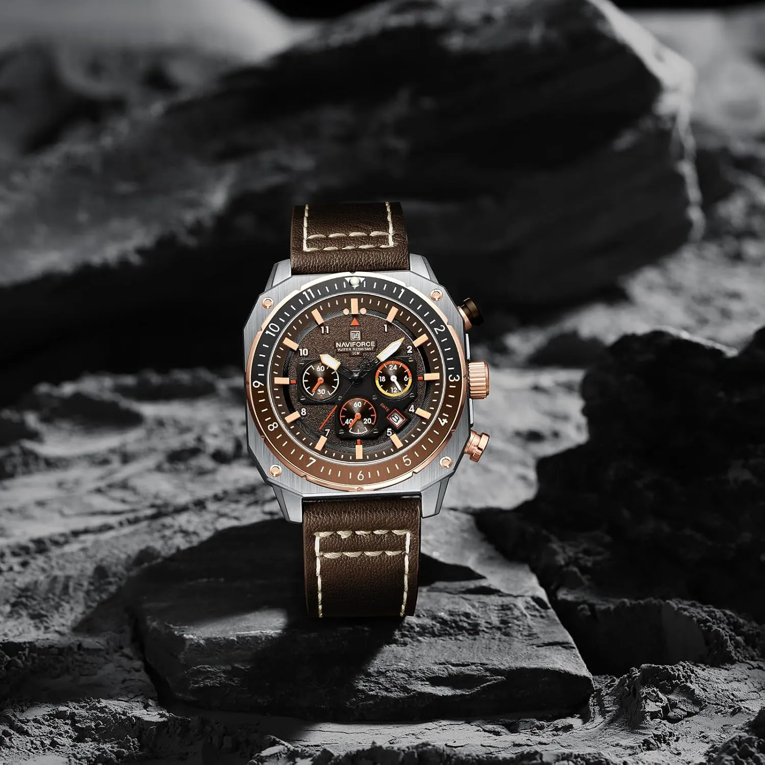 NAVIFORCE Men's Fashion Sport Watches Military Square Big Face Waterproof Chronograph Wristwatch with Luminous Hands,Leather Strap