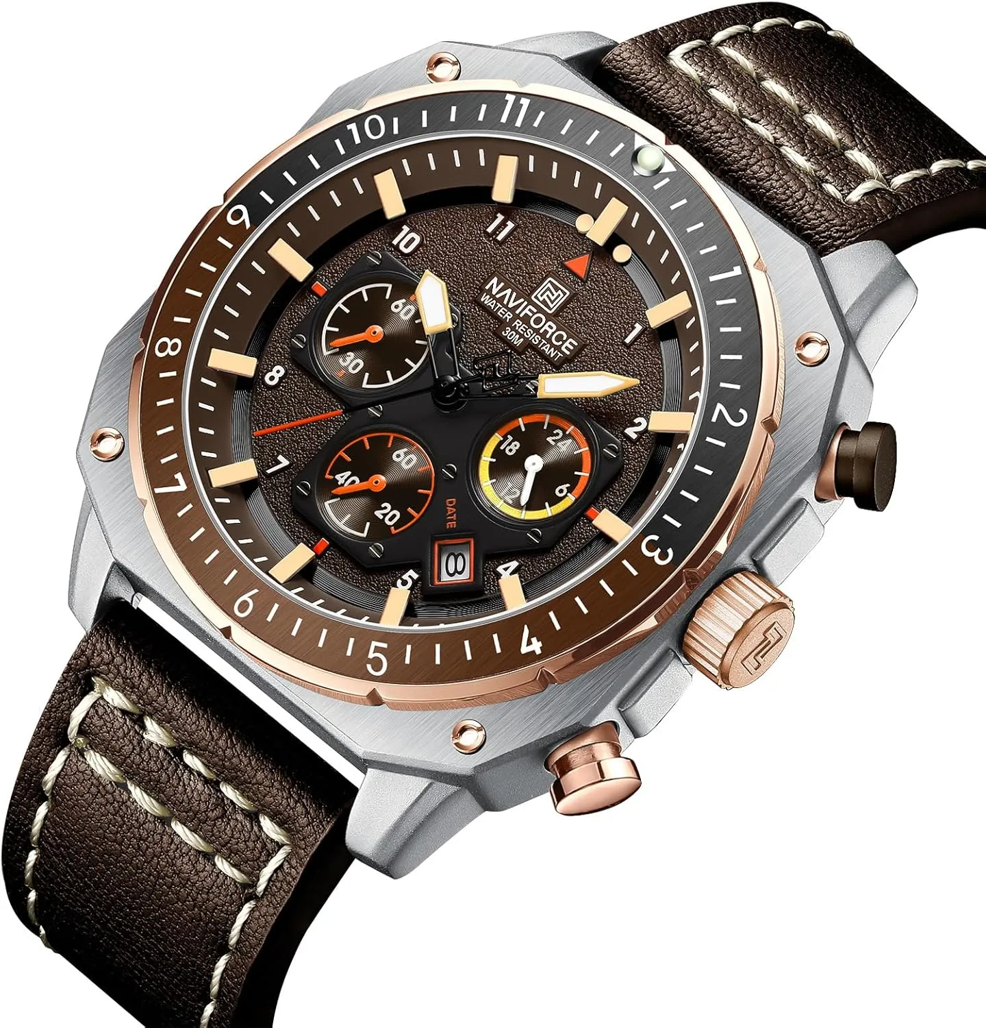 NAVIFORCE Men's Fashion Sport Watches Military Square Big Face Waterproof Chronograph Wristwatch with Luminous Hands,Leather Strap