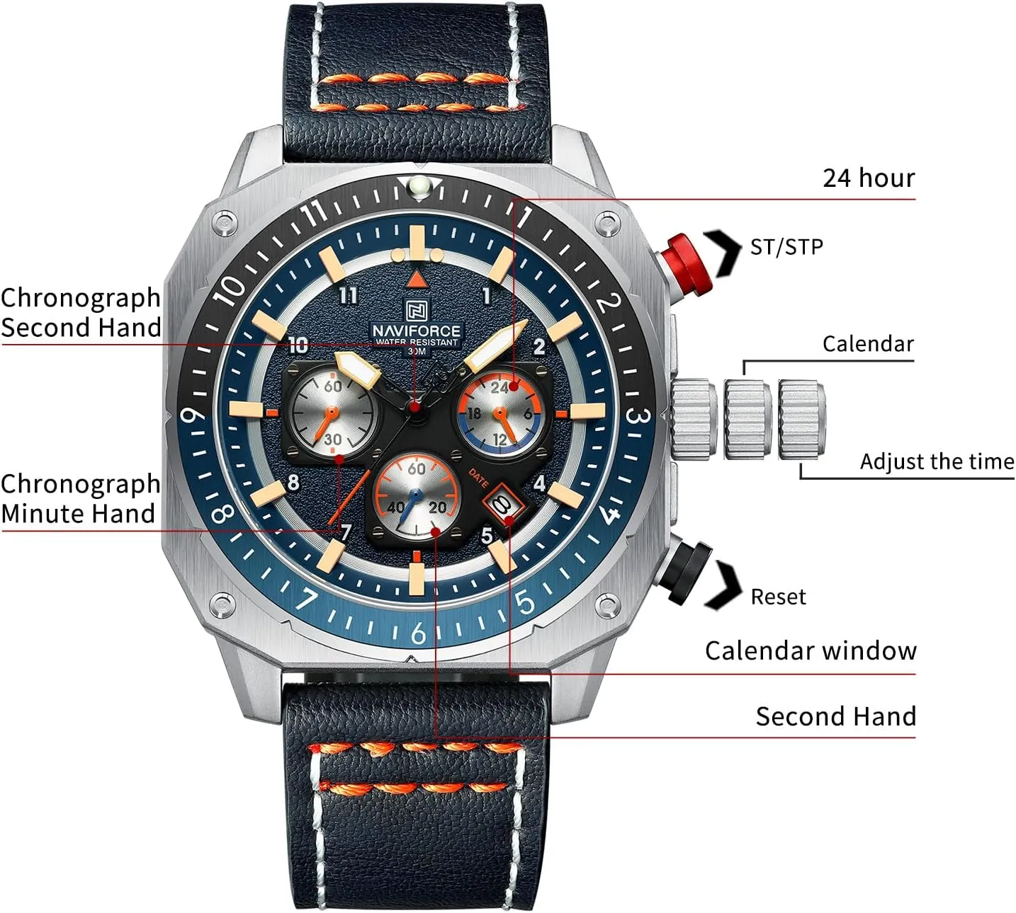 NAVIFORCE Men's Fashion Sport Watches Military Square Big Face Waterproof Chronograph Wristwatch with Luminous Hands,Leather Strap