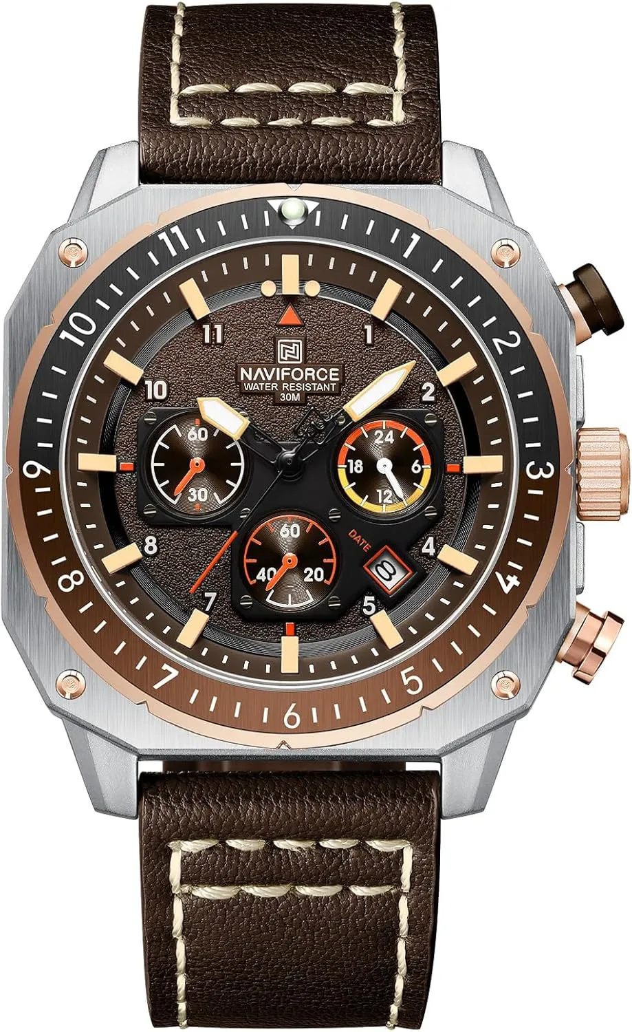 NAVIFORCE Men's Fashion Sport Watches Military Square Big Face Waterproof Chronograph Wristwatch with Luminous Hands,Leather Strap