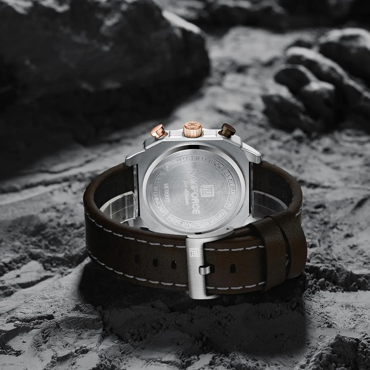 NAVIFORCE Men's Fashion Sport Watches Military Square Big Face Waterproof Chronograph Wristwatch with Luminous Hands,Leather Strap