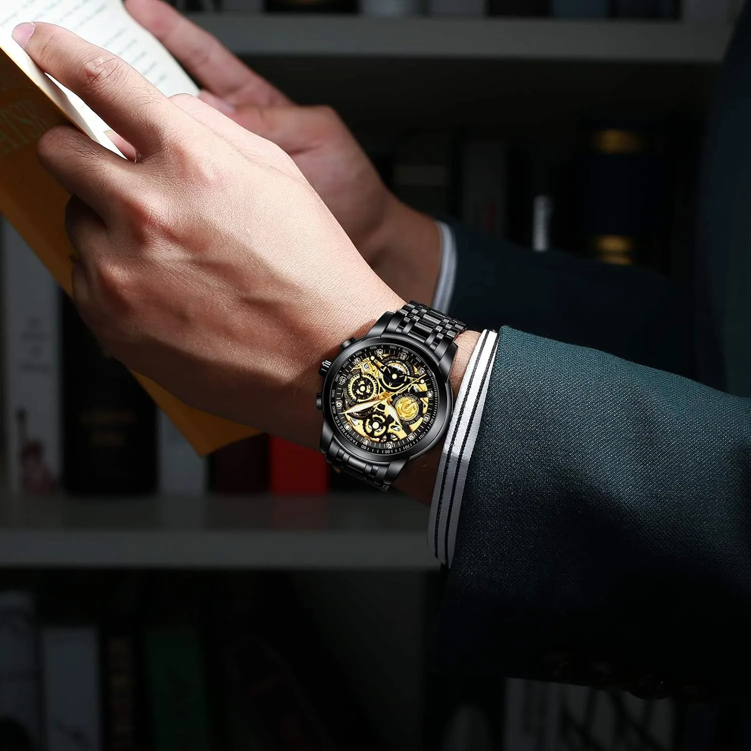 NEKTOM Watches for Men with Stainless Steel, Quartz Analog Watch with Date, Luxury Minimalist Dress Mens Watches, Chronograph Watch, 3ATM Waterproof, Black Wristwatch, Gifts for Men