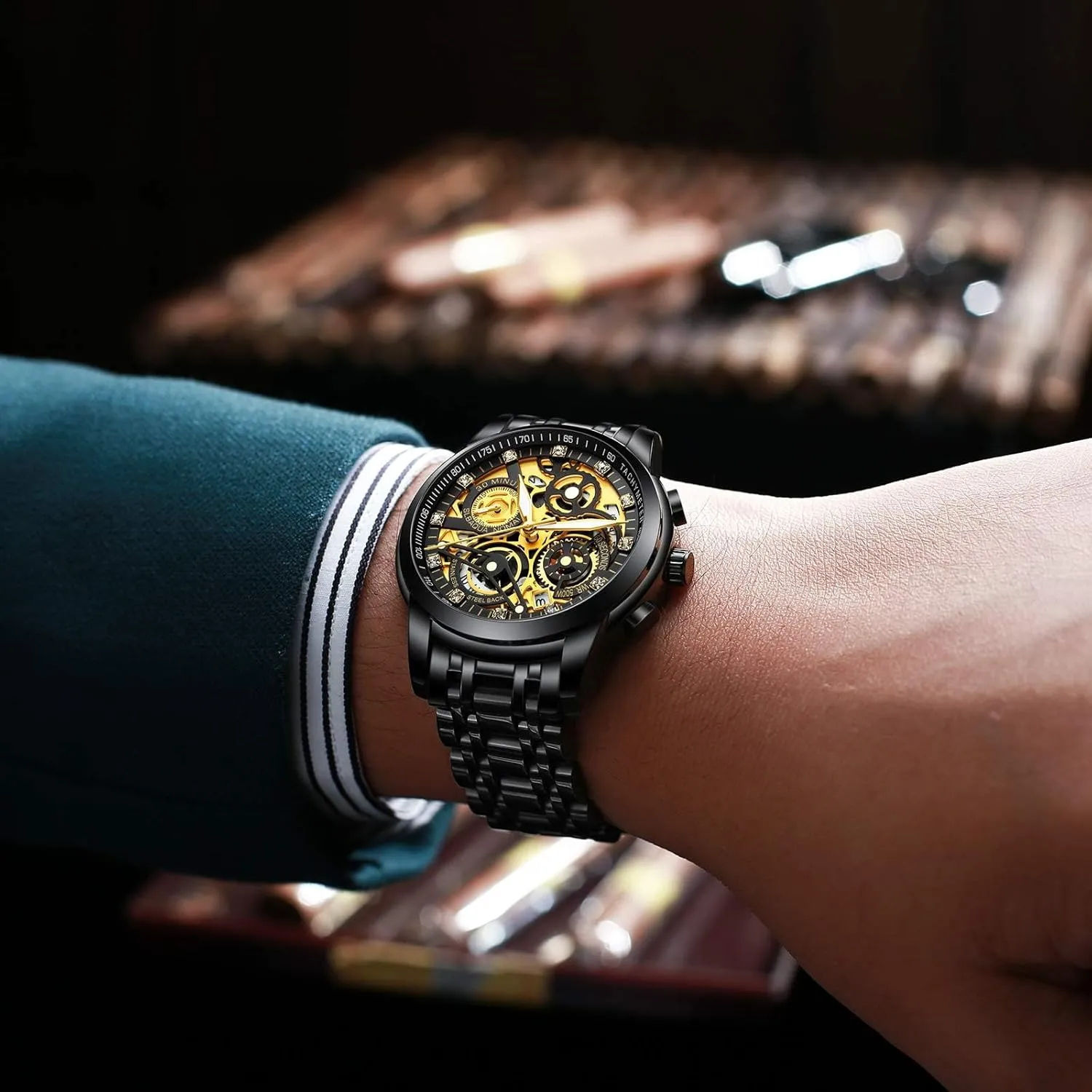 NEKTOM Watches for Men with Stainless Steel, Quartz Analog Watch with Date, Luxury Minimalist Dress Mens Watches, Chronograph Watch, 3ATM Waterproof, Black Wristwatch, Gifts for Men