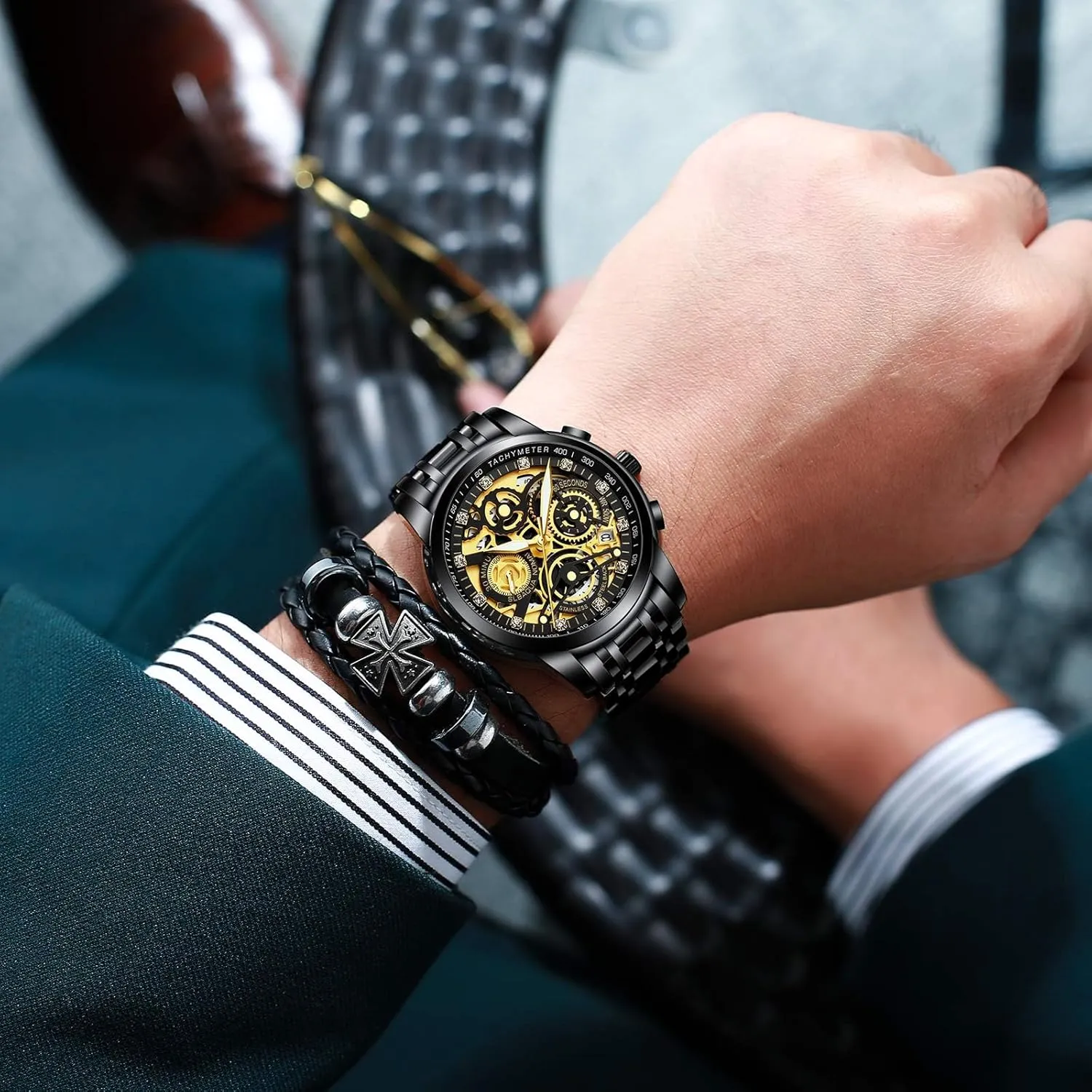 NEKTOM Watches for Men with Stainless Steel, Quartz Analog Watch with Date, Luxury Minimalist Dress Mens Watches, Chronograph Watch, 3ATM Waterproof, Black Wristwatch, Gifts for Men