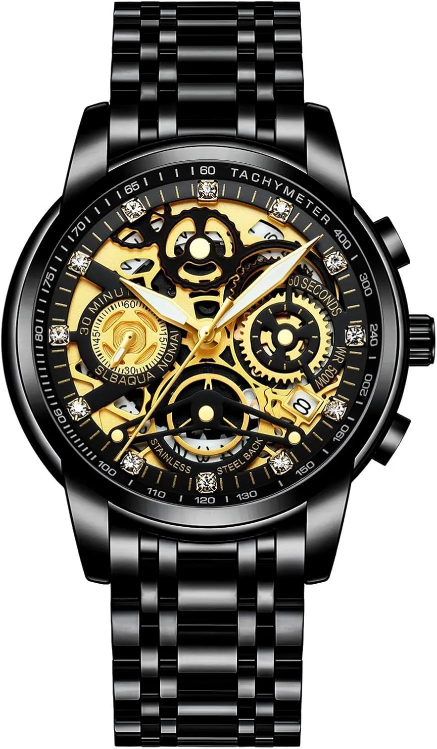 NEKTOM Watches for Men with Stainless Steel, Quartz Analog Watch with Date, Luxury Minimalist Dress Mens Watches, Chronograph Watch, 3ATM Waterproof, Black Wristwatch, Gifts for Men