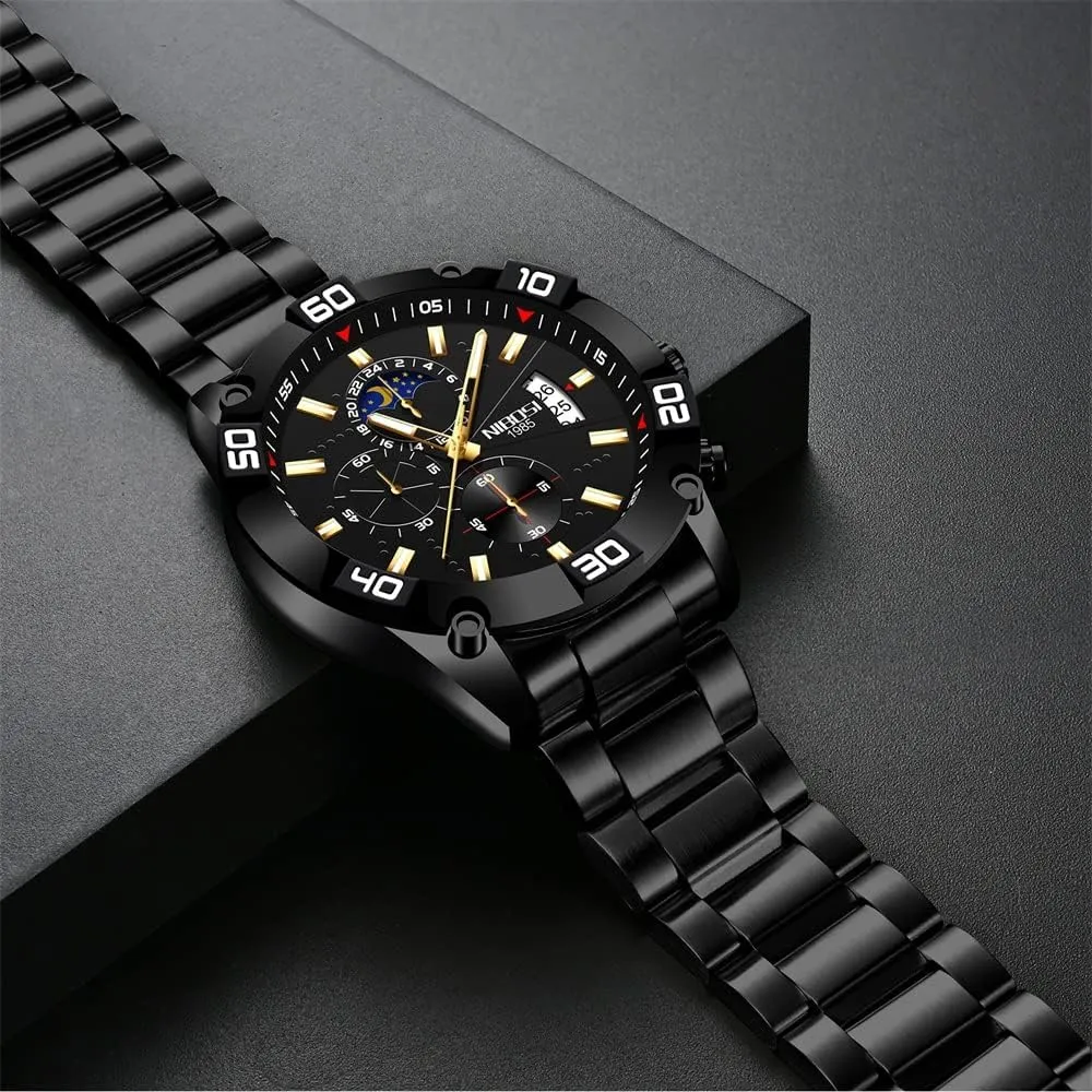 NIBOSI Watches for Men Fashion Stainless Steel Business Casual Luxury Waterproof Luminous Dress Analog Chronograph Luminous Large Big Face Dad Father Gifts Gold Black Wrist Watch