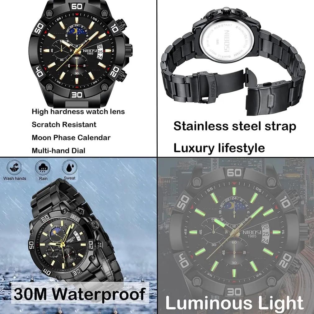 NIBOSI Watches for Men Fashion Stainless Steel Business Casual Luxury Waterproof Luminous Dress Analog Chronograph Luminous Large Big Face Dad Father Gifts Gold Black Wrist Watch