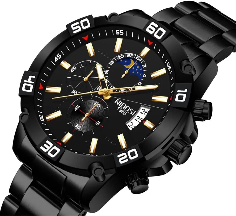 NIBOSI Watches for Men Fashion Stainless Steel Business Casual Luxury Waterproof Luminous Dress Analog Chronograph Luminous Large Big Face Dad Father Gifts Gold Black Wrist Watch