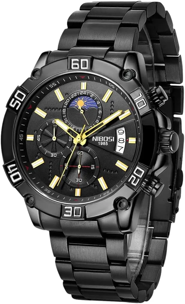 NIBOSI Watches for Men Fashion Stainless Steel Business Casual Luxury Waterproof Luminous Dress Analog Chronograph Luminous Large Big Face Dad Father Gifts Gold Black Wrist Watch