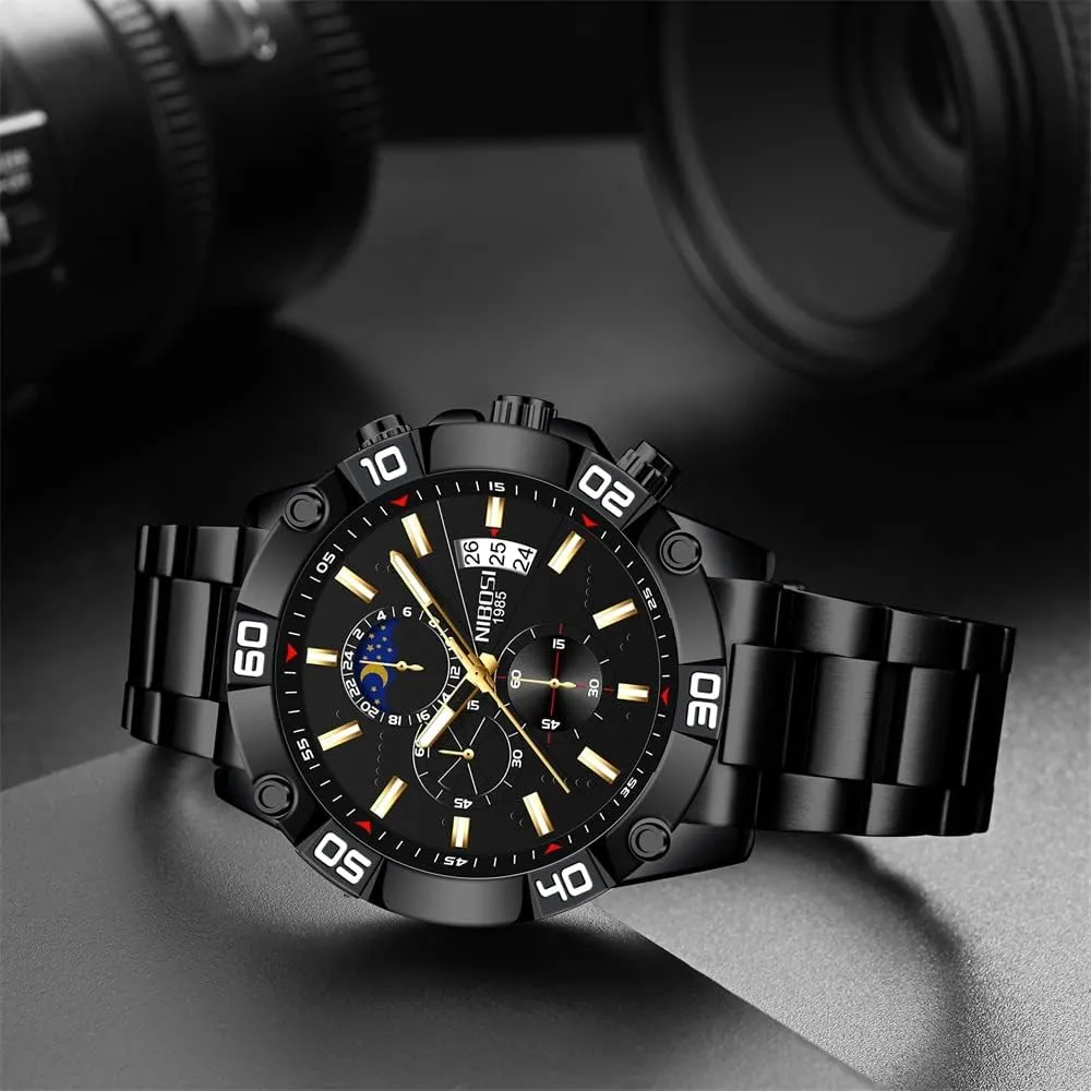NIBOSI Watches for Men Fashion Stainless Steel Business Casual Luxury Waterproof Luminous Dress Analog Chronograph Luminous Large Big Face Dad Father Gifts Gold Black Wrist Watch